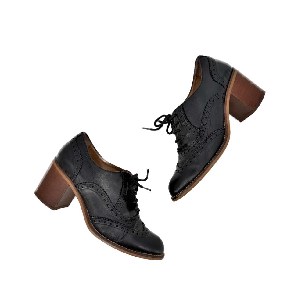 Jonak Paris Black Leather Heeled Oxford Brogues Loafers US 7 7.5 EU 38